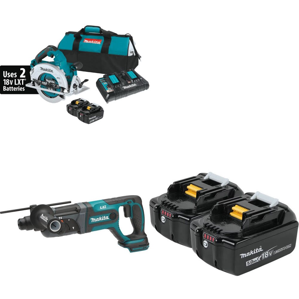 Makita XSH06PT 7-1/4" Circular Saw Kit W/ XRH04Z Rotary Hammer and FREE BL1850B-2 5.0Ah Battery, 2 Pack
