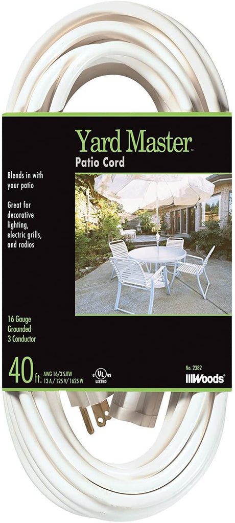 Yard Master 992382 White Patio 40-Foot, 3-Pronged, 16 Gauge Extension Cord, 13 AMPS, 125 Volts,