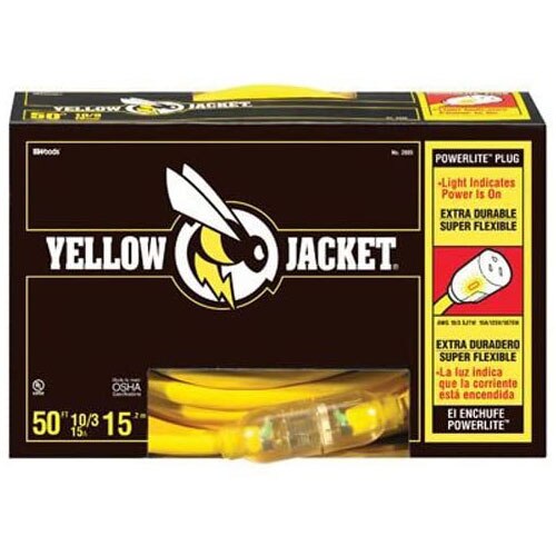 Yellow Jacket 2805 10/3 Heavy-Duty 15-Amp SJTW Contractor Extension Cord with Lighted End, 50-Feet