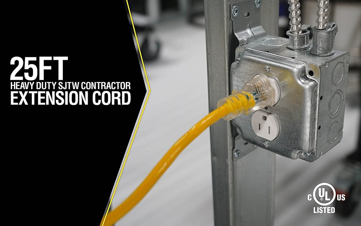 Yellow Jacket 2883 12/3 Heavy-Duty 15-Amp SJTW Contractor Extension Cord with Lighted Ends, 25-Feet - 3