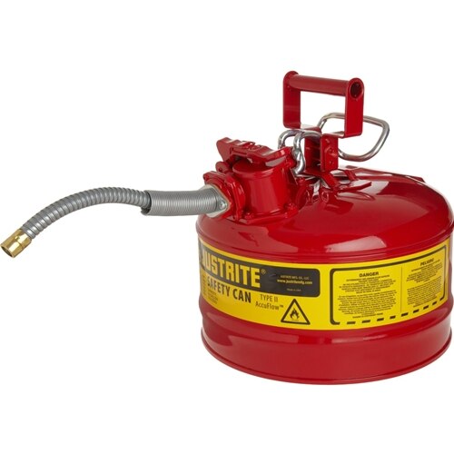 Justrite 7225120 AccuFlow 2.5 Gallon, 11.75" OD x 12" H Galvanized Steel Type II Red Safety Can With 5/8" Flexible Spout