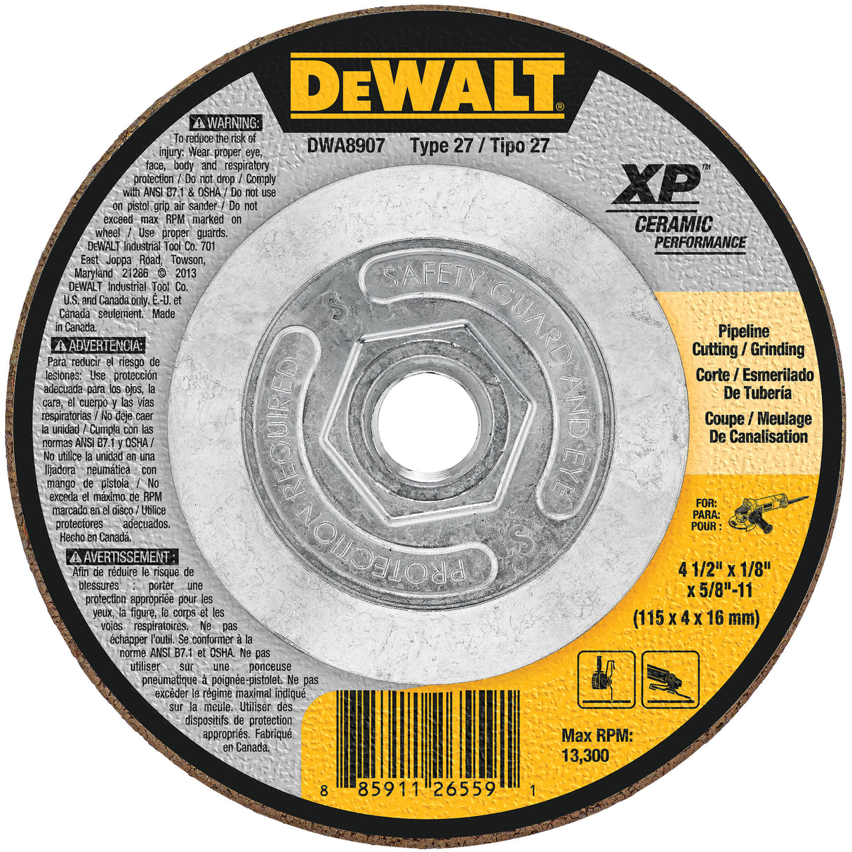 DeWalt DWA8907 4-1/2" X 1/8" X 5/8"-11 Pipeline Ceramic Abrasive Grinding Disk