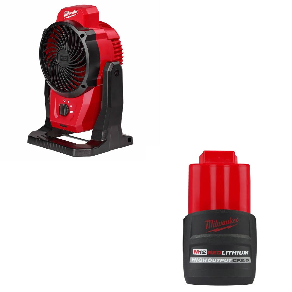 Milwaukee 0820-20 M12 Mounting Fan W/ 48-11-2425 M12 CP2.5 Battery Pack