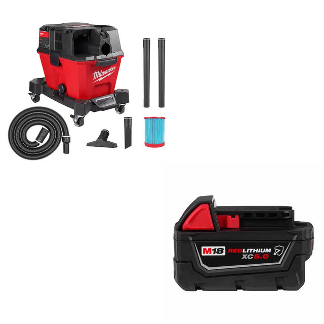 Milwaukee 0910-20 M18 FUEL 6 Gal Vacuum, Bare W/ 48-11-1850R M18 XC5.0 Battery