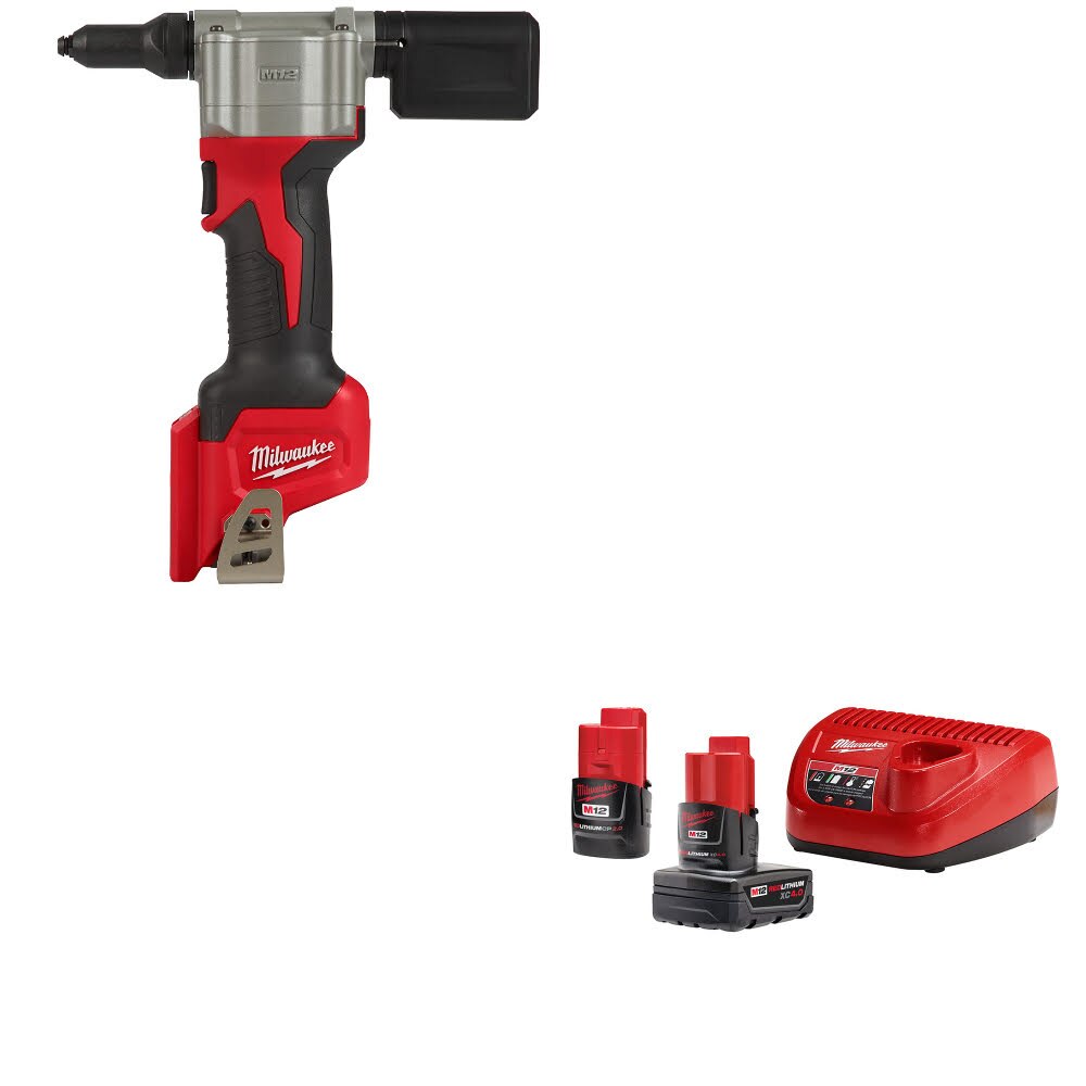 Milwaukee 2550-20 M12 Rivet Tool, Bare W/ 48-59-2424 M12 4Ah/2Ah Starter Kit