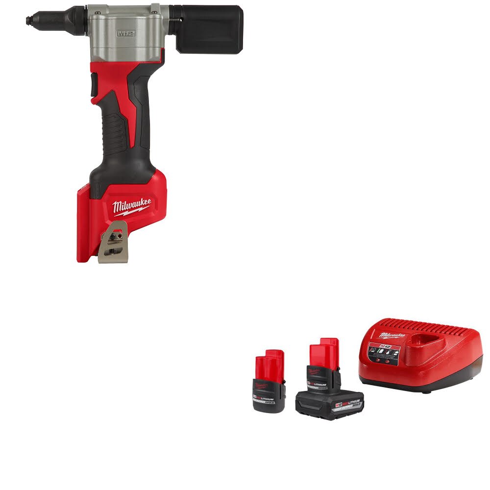 Milwaukee 2550-20 M12 Rivet Tool, Bare W/ 48-59-2452S M12 2-Battery Starter Kit