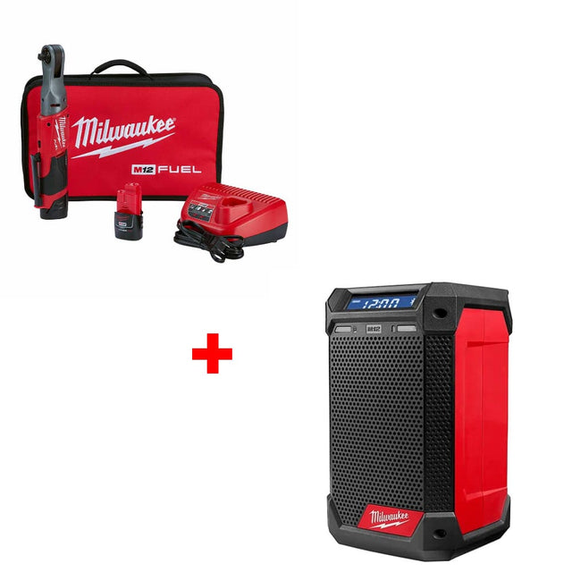 Milwaukee 2557-22 M12 FUEL 3/8" Ratchet Kit w/ 2951-20 M12 Radio + Charger