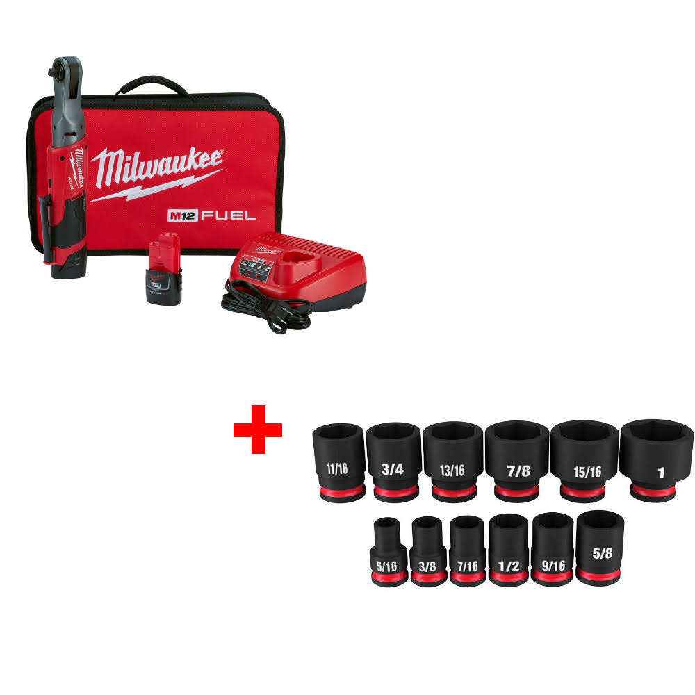 Milwaukee 2557-22 M12 FUEL 3/8" Ratchet Kit W/ FREE 49-66-7005 12PC Socket Set