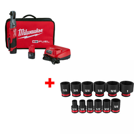 Milwaukee 2557-22 M12 FUEL 3/8" Ratchet Kit W/ FREE 49-66-7005 12PC Socket Set