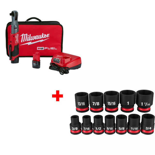 Milwaukee 2558-22 M12 FUEL 1/2" Ratchet Kit W/ FREE 49-66-7010 12PC Socket Set