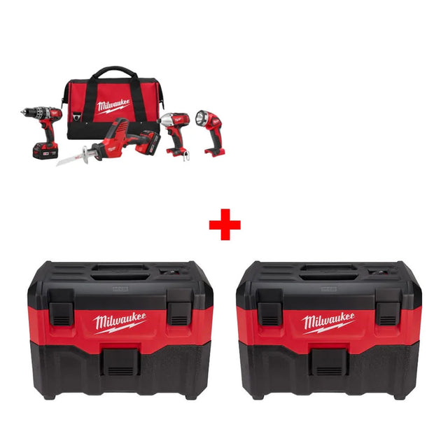 Milwaukee 2695-24 M18 4-Tool Combo Kit w/ Two FREE 0880-20 18V Wet/Dry Vacuums