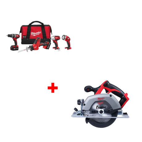 Milwaukee 2695-24 M18 4-Tool Combo Kit w/ Two FREE 2630-20 6-1/2" Circular Saw, Bare