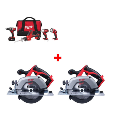 Milwaukee 2695-24 M18 4-Tool Combo Kit w/ Two FREE 2630-20 6-1/2" Circular Saw, Bare