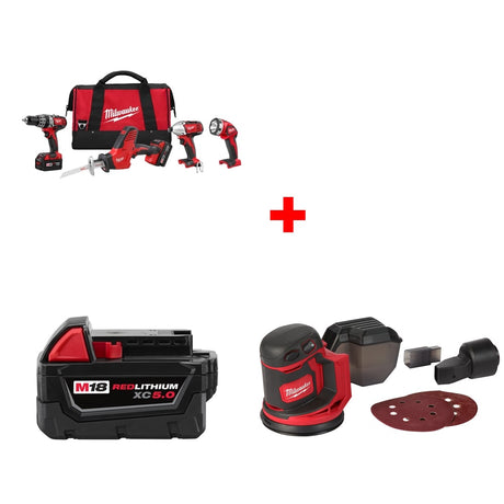 Milwaukee 2695-24 M18 4-Tool Combo Kit w/ FREE 48-11-1850 XC5.0 Battery & Sander