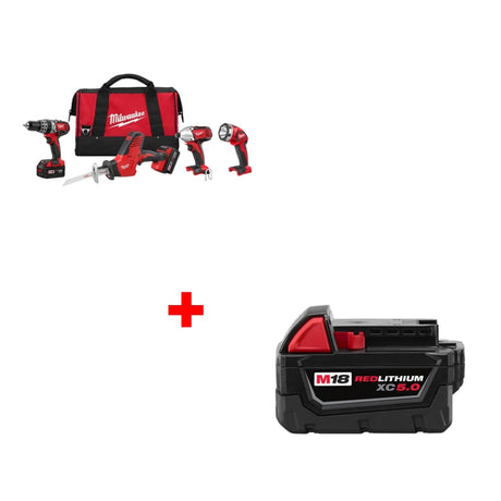 Milwaukee 2695-24 M18 4-Tool Combo Kit w/ Two 48-11-1850 XC5.0 Batteries