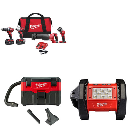 Milwaukee 2696-24 M18 4-Tool Combo Kit W/ FREE 0880-20 M18 Vacuum & Flood Light