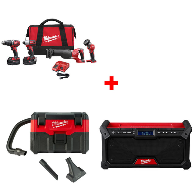 Milwaukee 2696-24 M18 4-Tool Combo Kit W/ FREE 0880-20 18V Vacuum & M18 Radio