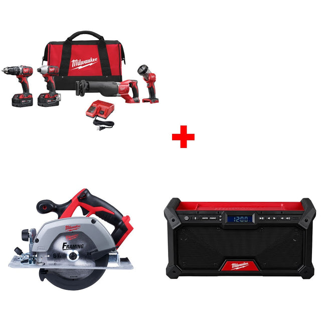 Milwaukee 2696-24 M18 4-Tool Combo Kit W/ FREE 2630-20 18V Circ Saw & M18 Radio