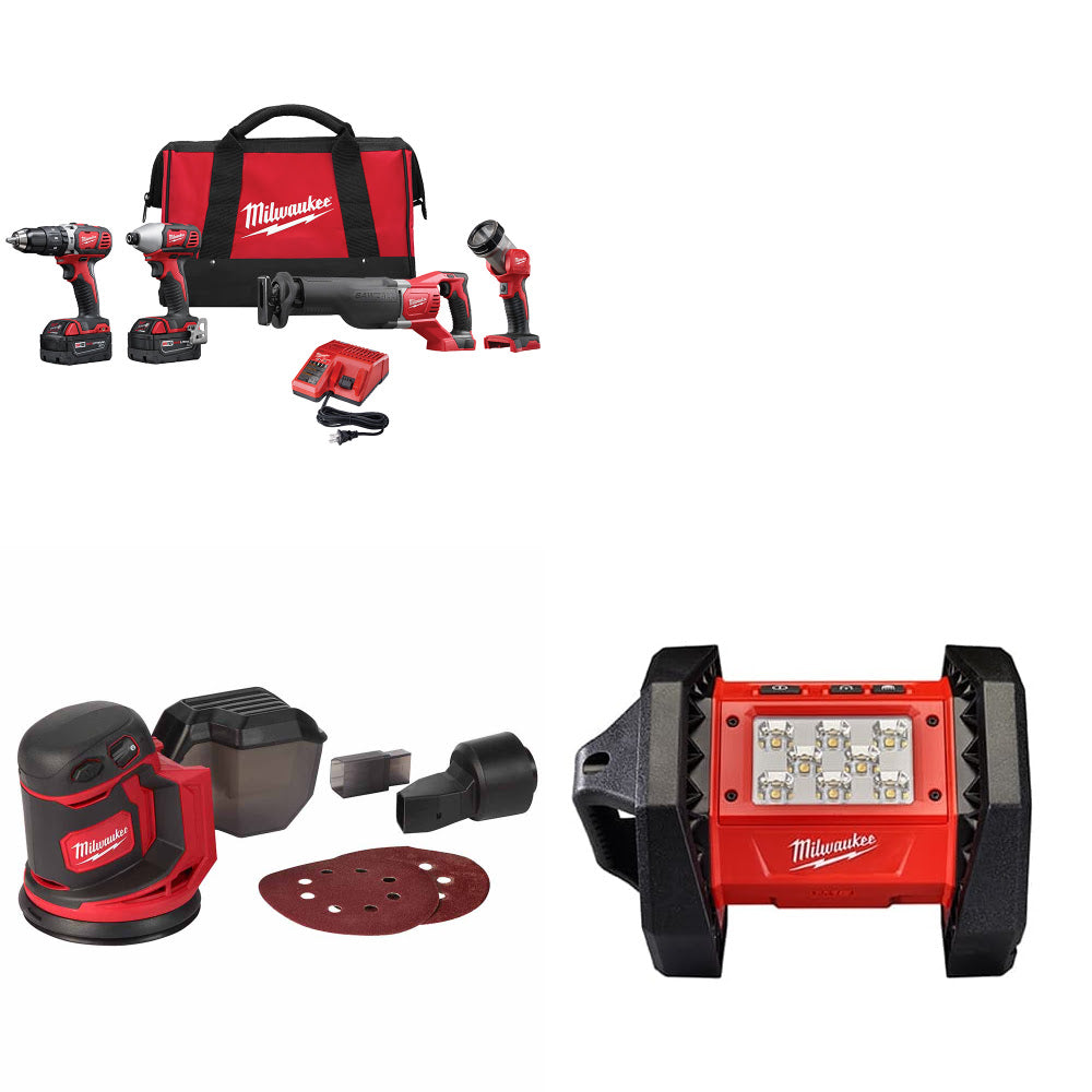 Milwaukee 2696-24 M18 4-Tool Combo Kit W/ FREE 2648-20 M18 Sander & Flood Light