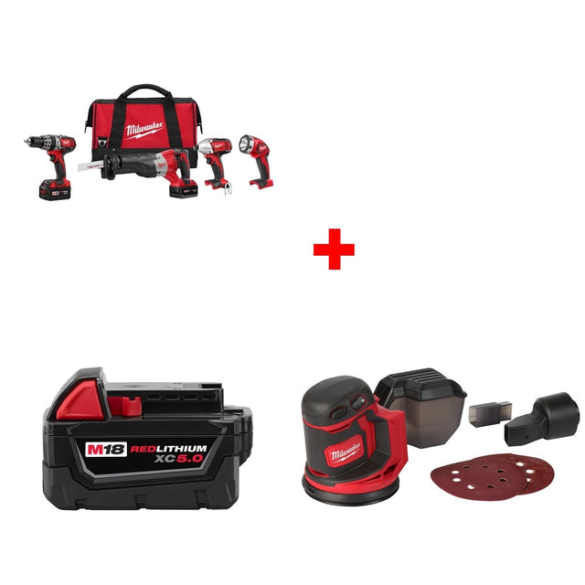 Milwaukee 2696-24 M18 4-Tool Combo Kit w/ FREE 48-11-1850 XC5.0 Battery & Sander