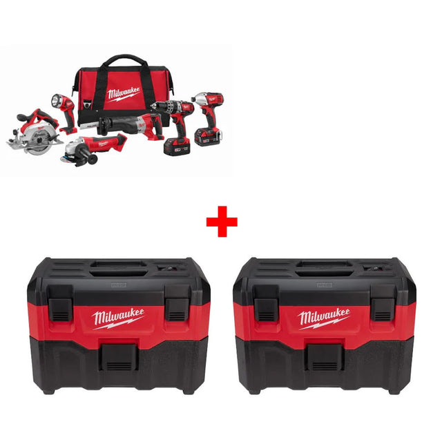 Milwaukee 2696-26 M18 6-Tool Combo Kit w/ Two FREE 0880-20 18V Wet/Dry Vacuum, Bare