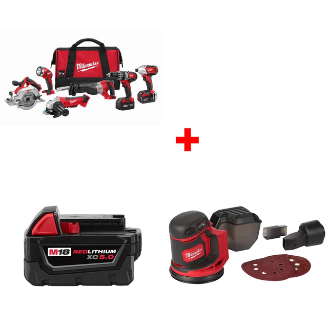 Milwaukee 2696-26 M18 6-Tool Combo Kit w/ FREE 48-11-1850 XC5.0 Battery & Sander