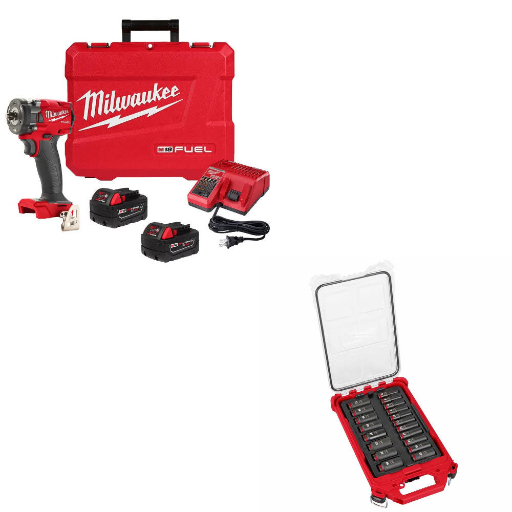 Milwaukee 2854-22R M18 FUEL Impact Wrench Kit W/ FREE 49-66-6801 19Pc Socket Set