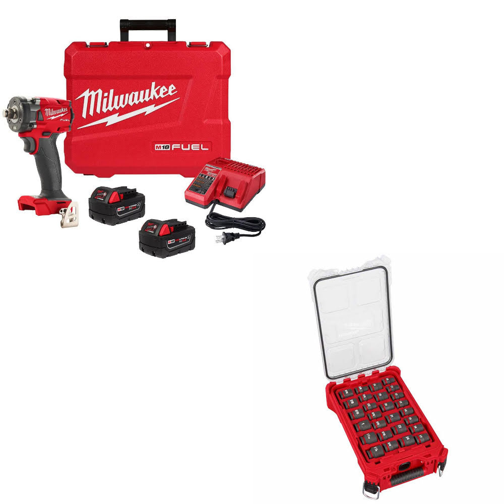 Milwaukee 2855-22R M18 FUEL Impact Wrench Kit W/ FREE 49-66-6804 27Pc Socket Set