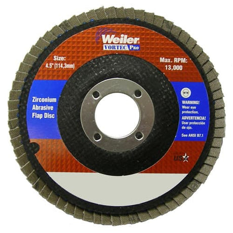 Weiler 31343 4-1/2" Vortec Pro Abrasive Flap Disc, Angled, Phenolic Backing, 36Z, 7/8" A.H.