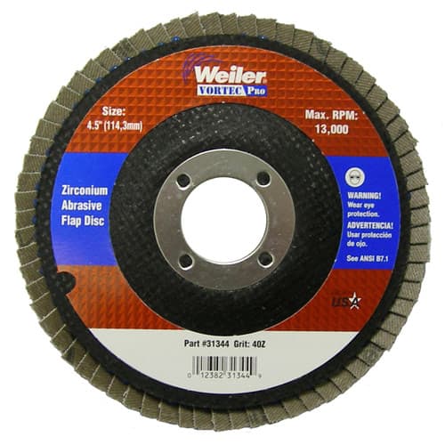 Weiler 31344 4-1/2" Vortec Pro Abrasive Flap Disc, Angled, Phenolic Backing, 40Z, 7/8" A.H.