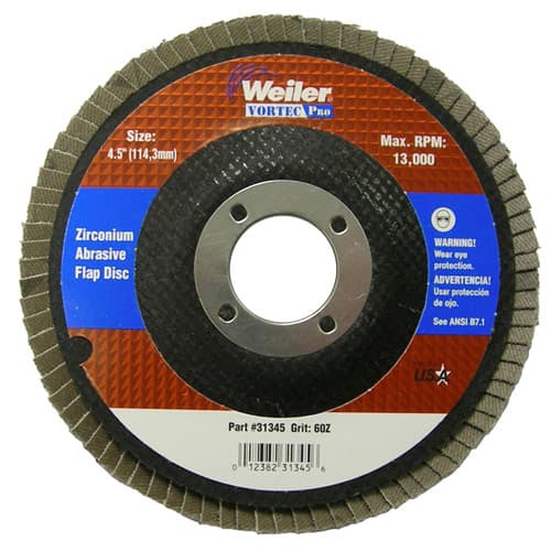 Weiler 31345 4-1/2" Vortec Pro Abrasive Flap Disc, Angled, Phenolic Backing, 60Z, 7/8" A.H.