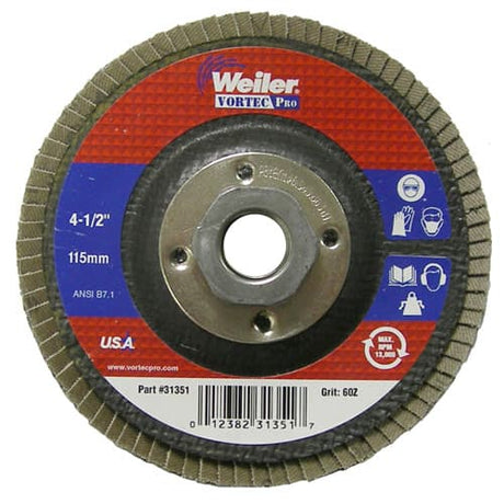 Weiler 31351 4-1/2" Vortec Pro Abrasive Flap Disc, Angled, Phenolic Backing, 60Z, 5/8"-11 A.H.