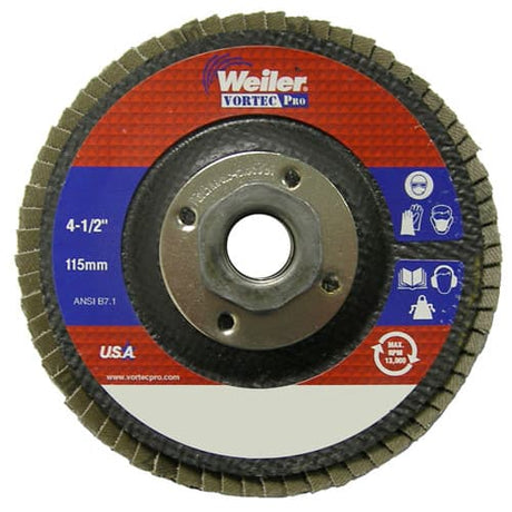 Weiler 31353 4-1/2" Vortec Pro Abrasive Flap Disc, Angled, Phenolic Backing, 120Z, 5/8"-11, Pack/10