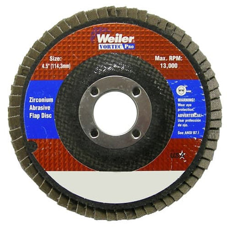 Weiler 31404 4-1/2" Vortec Pro Abrasive Flap Disc, Flat, Phenolic Backing, 80Z, 7/8", Pack/10