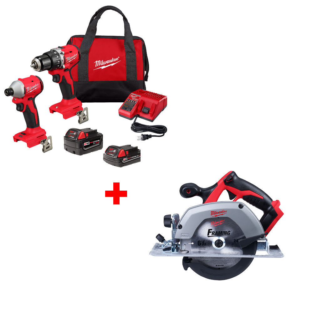 Milwaukee 3693-22CX M18 2-Tool Combo Kit W/ FREE 2630-20 M18 Li-Ion 18V Circ Saw