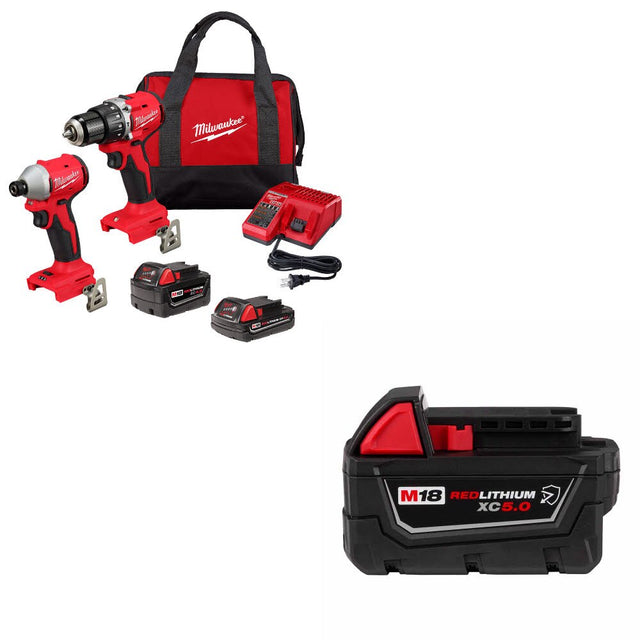 Milwaukee 3693-22CX M18 2-Tool Combo Kit W/ 48-11-1850R M18 XC5.0 Battery