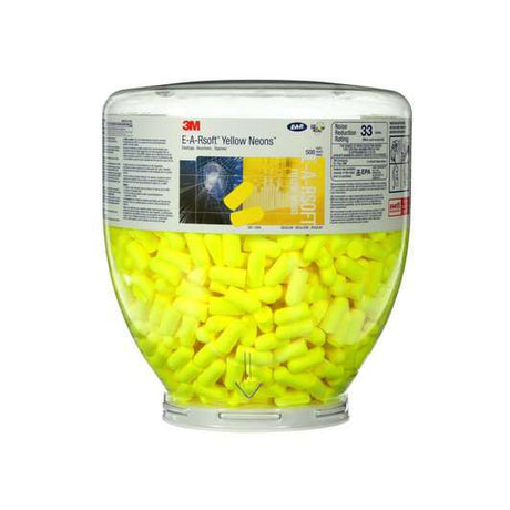 3M 391-1004 E-A-Rsoft Yellow Neons One Touch Refill Earplugs, NRR 33dB, Uncorded, Disposable, Regular Size, 500 /Bottle