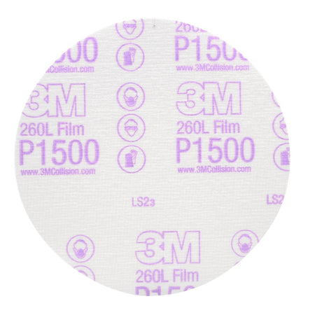 3M 260L 00950 Hookit Finishing Film Abrasive Disc, Aluminum Oxide, P1500, White, 6 in, Clear Coat Sanding, Paint Finishing, Defect Removal (7000000566) (400 Pack)