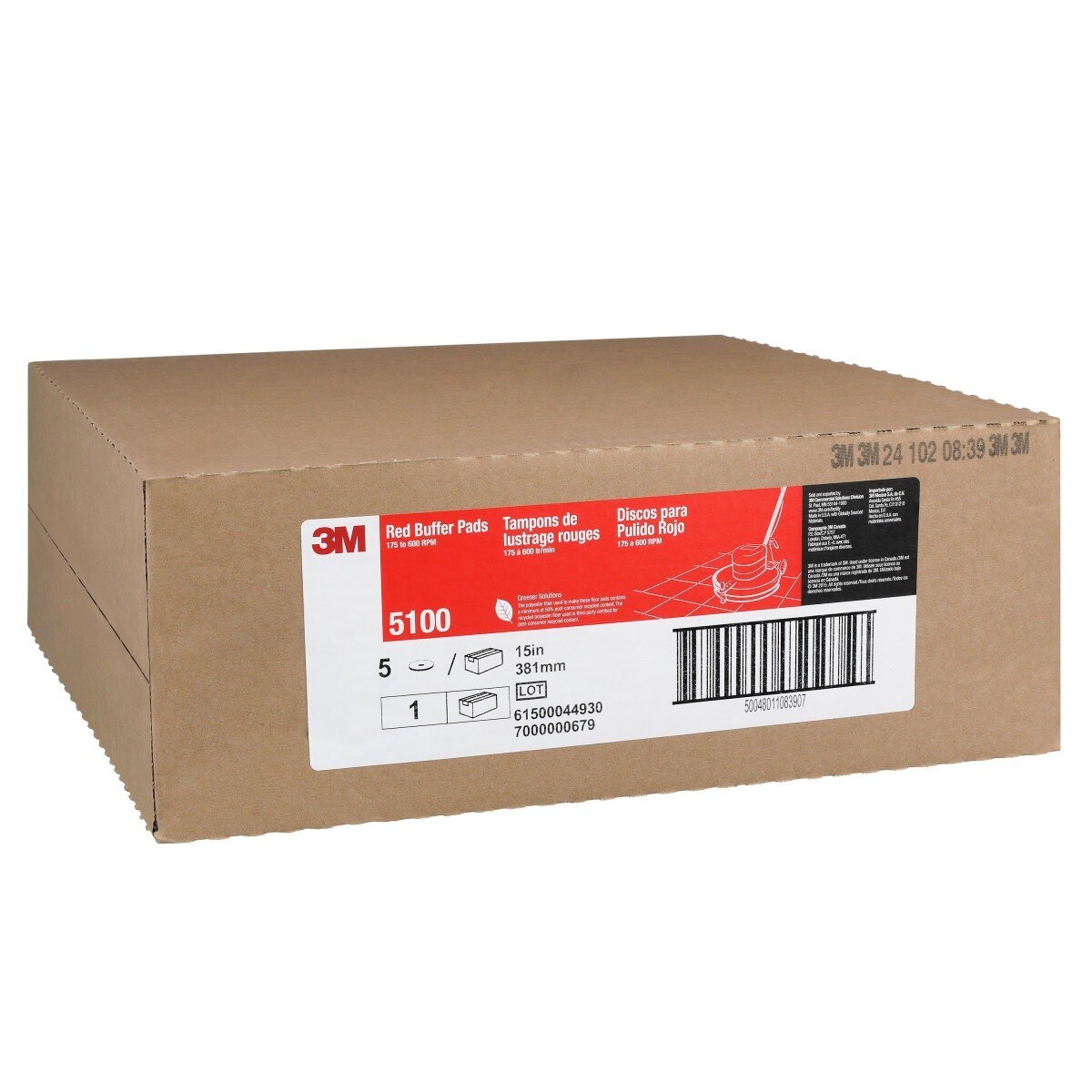 3M 5100 Red Buffer Pad, Red, 15 in Round, Center Hole, 175-600 RPM, Spray Buffing (7000000679) (5 Pack) - 3