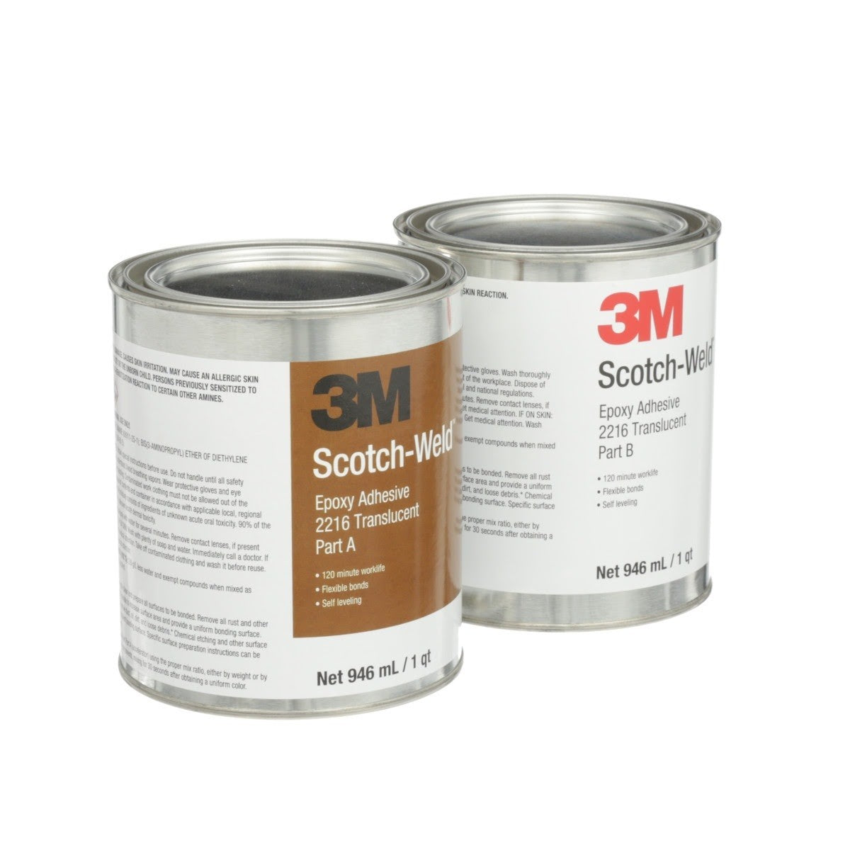 3M 2216 Scotch-Weld Epoxy Adhesive, Translucent, Part B/A, 2 Quart (7000000861) (6 Pack) - 3