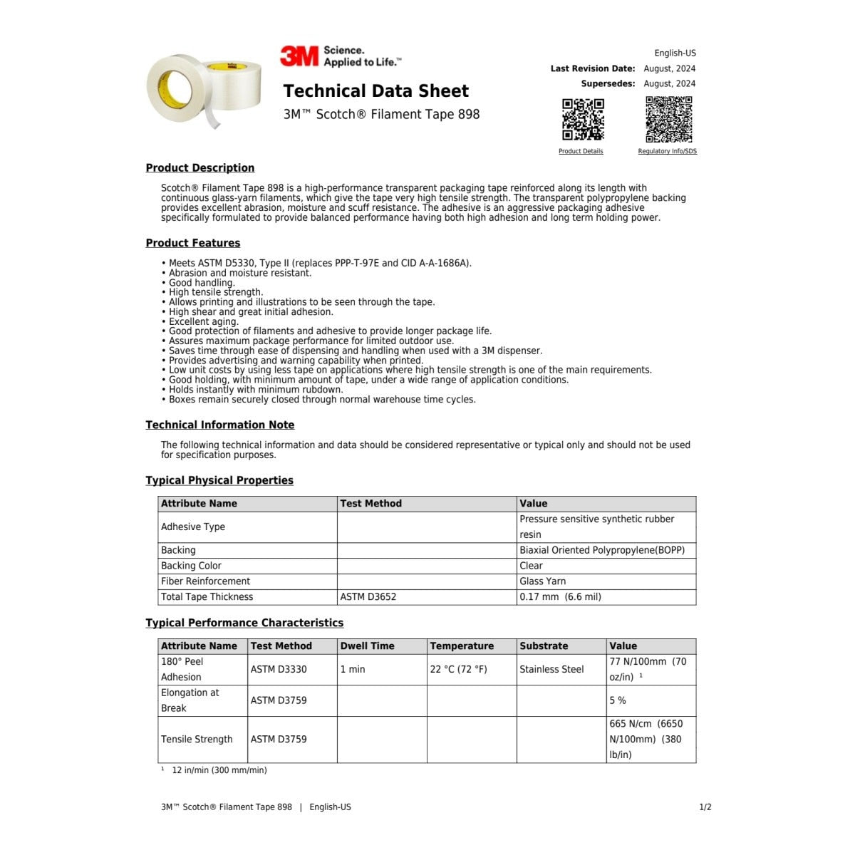 3M 898 Scotch Filament Tape, Clear, 24 mm x 55 m, 6.6 mil (7000001229) (36 Pack) - 9