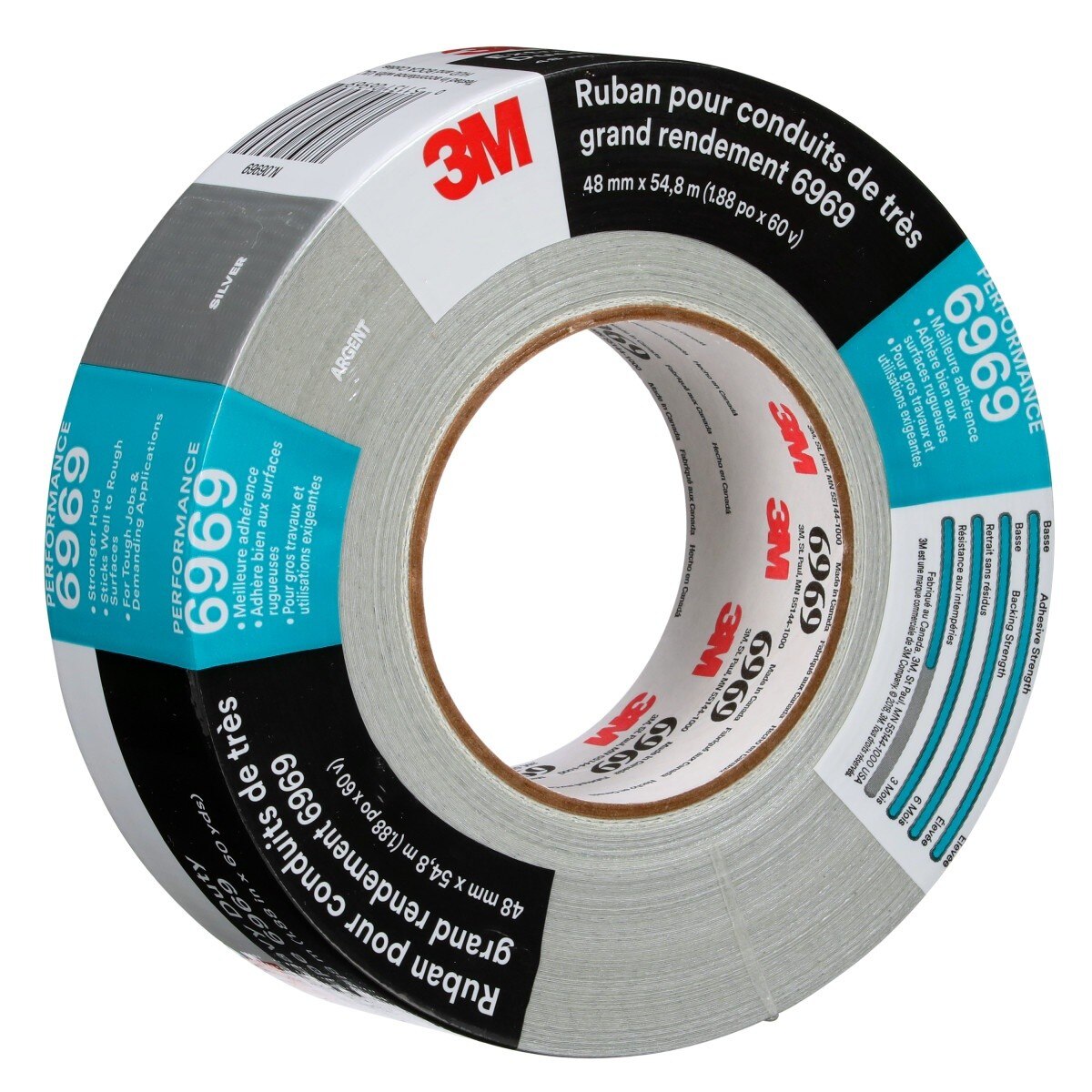 3M 6969 Extra Heavy Duty Duct Tape, Silver, 48 mm x 54.8 m, 10.7 mil (7000001230) - 2
