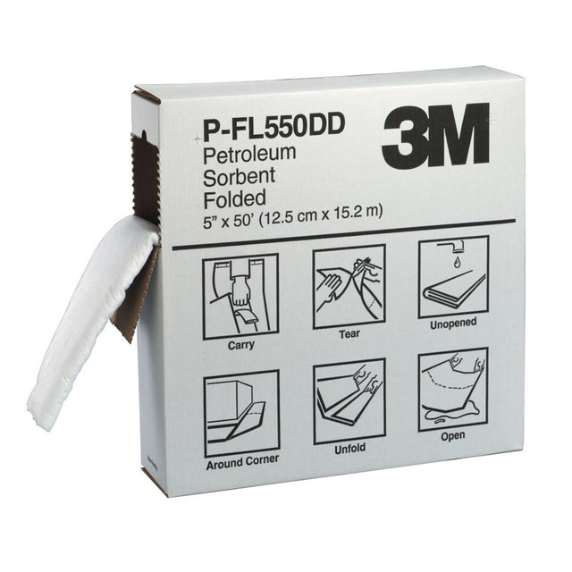 3M P-FL550DD Petroleum Sorbent Folded, Oil-Only, 5 in x 50 ft, White, Perforated every 16 in (7000002025) (3 Pack)