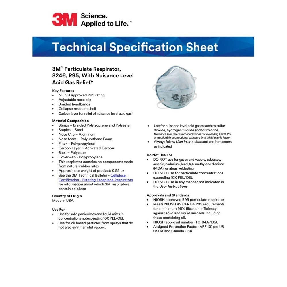 3M 7000002059 Particulate Respirator 8246 R95 with Nuisance Level Acid Gas Relief Disposable - 5