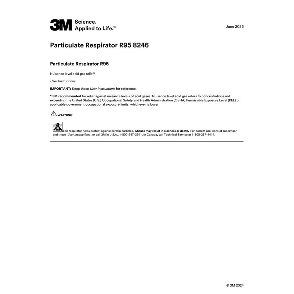 3M 7000002059 Particulate Respirator 8246 R95 with Nuisance Level Acid Gas Relief Disposable - 7