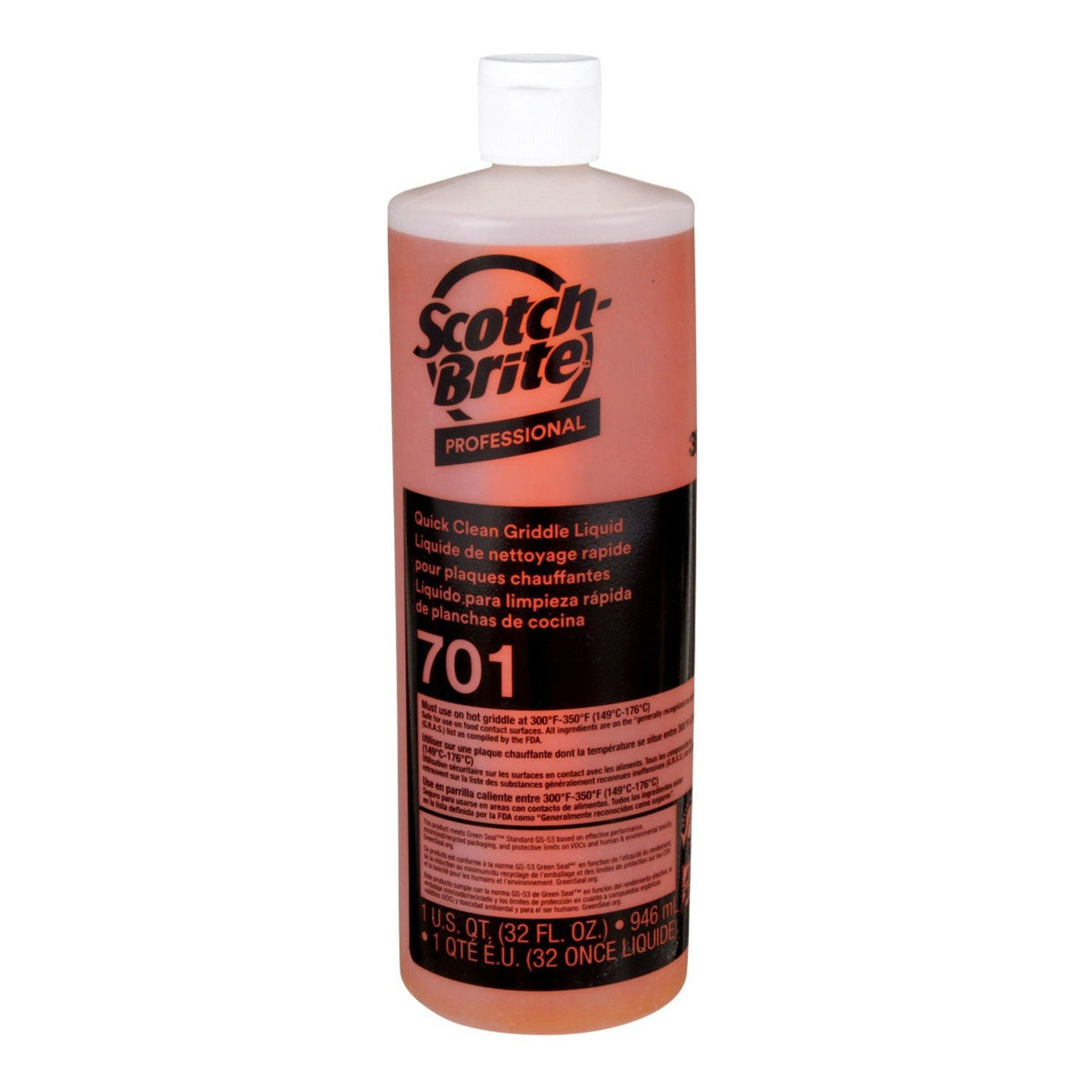 3M 701 Scotch-Brite Quick Clean Griddle Liquid, Orange, 1 Quart, Removes Baked-On Food and Cooking Oils (H-701-32OZ) (7000002182) (Case of 4) (4 Pack)