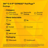 3M 311-1114 E-A-R EXPRESS Pod Plugs Earplugs, Corded, Blue Grips, Pillow Pack (7000002309) (400 Pack) - 9