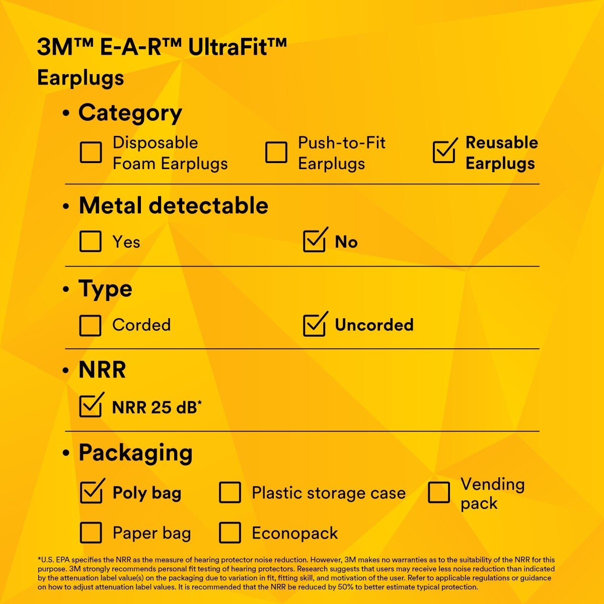 3M 340-4003 E-A-R Earplugs, Uncorded, Poly Bag, Yellow (7000002321) (400 Pack) - 8