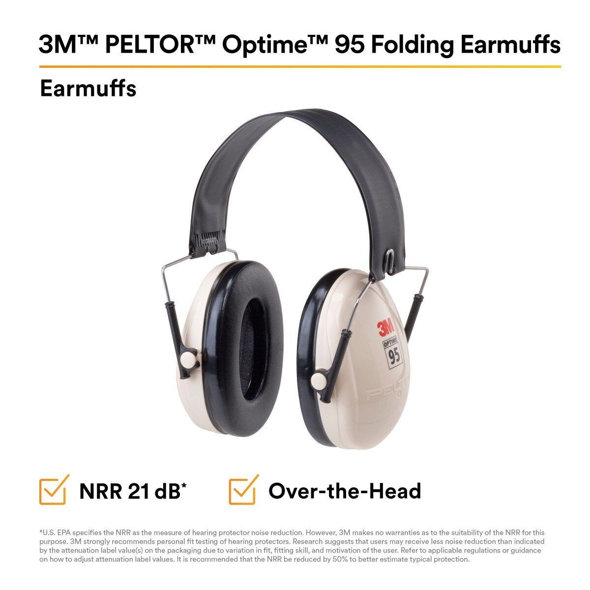 3M H6F/V PELTOR Optime 95 Folding Over-the-Head Earmuffs, 21 dB NRR, Adjustable, Beige (7000002328) - 10