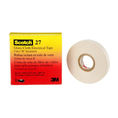 3M 27-1/2"X66' Scotch Glass Cloth Electrical Tape, 1/2 in x 66 ft, 7 mil, White, Rubber Adhesive, High Temperature (7000005814)